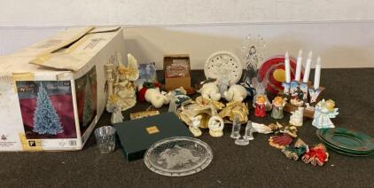 Christmas Decorations Lot: Holiday Time 6' Blue Pine Tree, Figurines, Plates, Hallmark Box