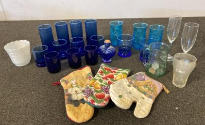 Cobalt Blue & Aqua Glassware Lot w/ Heart Bottle, Coca-Cola Glasses, Hobnail Bowl, Oven Mitts