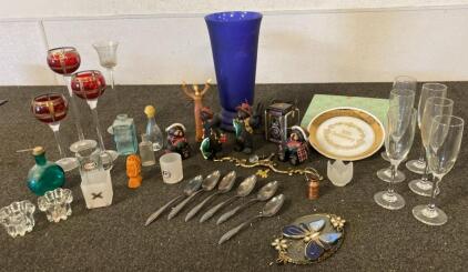 Vintage Glassware & Collectible Lot &ndash; Blue Vase, Red Goblets, 50th Anniversary Plate, Figurines and More