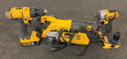DeWalt DCS380 20V Recip Saw, DW402 4-1/2" Angle Grinder, Drill, Impact, XR Battery, Adapter Lot