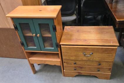 Rustic Pine Pie Safe Cabinet with Mesh Doors & 2-Drawer Chest, Approx. 28"x12"x44" & 28"x16"x26"