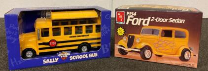 Collectible Sally School Bus From The Chevron Cars Collection And Vintage 1934 Ford 2-Door Sedan Model Kit By AMT Ertl