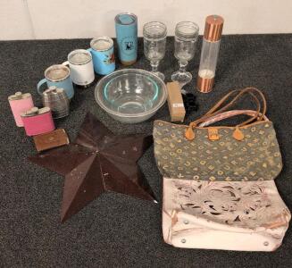 Mixed Lot: Dooney & Bourke Handbags, Insulated Drinkware, Glass Bowls, Metal Barn Star, Flasks