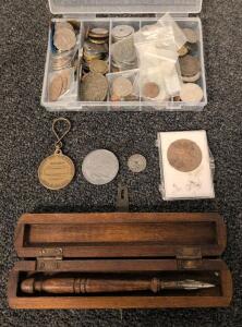Mixed World Coin Collection with Medallions, Vintage Wooden Dip Pen & Case, Over 70 Pieces