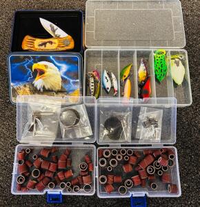 Wild Outdoors Bald Eagle Knife, 10 Fishing Lures, 90-Pc Rotary Sanding Drum Kit, Storage Cases