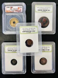 Lot of 5 Ancient Coins: China 1 Cash, Roman Imperial, Greek Bronze, Constantine, Widow's Mite