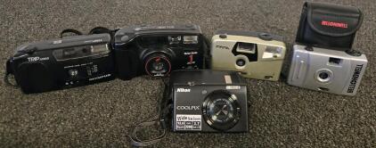 Camera Lot &ndash; Nikon Coolpix Wide 5x Zoom Digital, Olympus Trip Junior Film Camera, Vivitar 440PZ AF, Infina & Bell+Howell