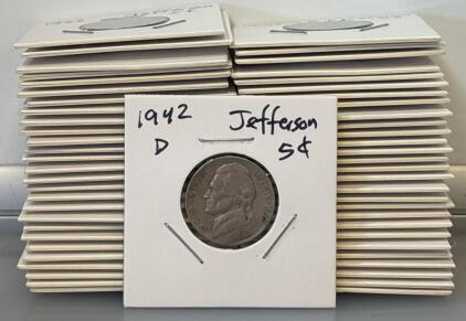 (56) 1942-D Jefferson Nickel 5&cent;, Denver Mint, Circulated, Monticello Reverse, In 2x2 Coin Flip