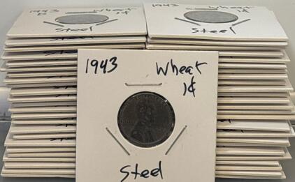 (50) 1943 Lincoln Wheat Cent Steel Penny, Lot of 22+, U.S. Mint, 1c Zinc-Coated Steel Coins