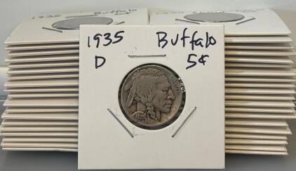 (40) 1935-D Buffalo Nickel, Indian Head, Denver Mint, James Earle Fraser, 5&cent;, 75% Copper 25% Nickel