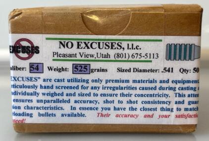 No Excuses .54 Caliber 525 Grain Cast Lead Bullets, .541 Diameter, Box of 50, Muzzleloader