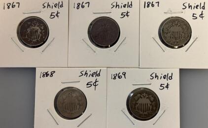 1867&ndash;1869 U.S. Shield Nickel 5 Cent Coin Set, Copper-Nickel, Philadelphia Mint, Lot of 5