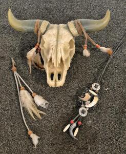 Native Spirit Tribal Steer Head, Hanging Wall Sculpture & A Native Necklace