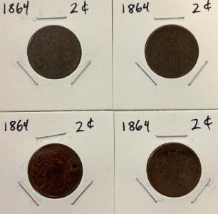 1864 U.S. Two-Cent Piece Lot (4 Coins), Bronze, Circulated, Philadelphia Mint, One Holed