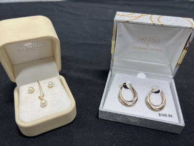 Pearl Earrings and Necklace and 14kt Gold & Sterling Silver Earrings