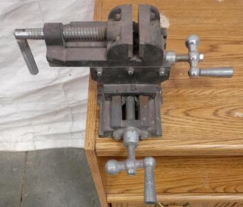 4" Cross Slide Drill Press Vise, Dual Axis, Bolt-Down Base, Cast Iron, 3-Handle, Heavy Duty