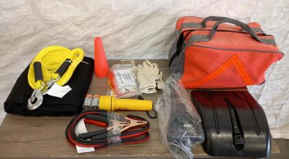 Automotive Emergency Roadside Kit with Jumper Cables, Tow Rope, Shovel, Blanket & Flashlight