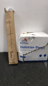 (1) Case of Intco Disposable Isolation Gowns (1) Loofer Retractable baby Gate