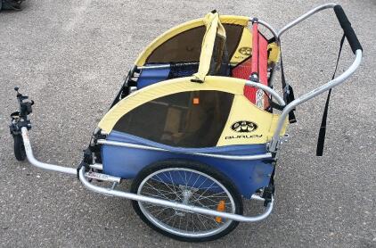Burley Double Child Bike Trailer & Stroller, Yellow/Blue, 20" Wheels, Stroller Kit, Seats 2