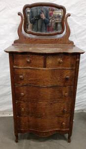 Antique Oak Serpentine Front Dresser with Mirror, 6 Drawers, Circa 1900s, Marked "723"