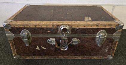 Vintage 1940s Steamer Trunk, Brown Faux-Leather 30" x 13" x 16"