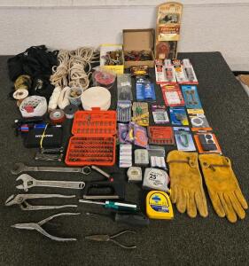 Large Mixed Lot: Hand Tools, Hardware, Work Gloves, Fasteners, Rope, JB Weld, Korky Kit