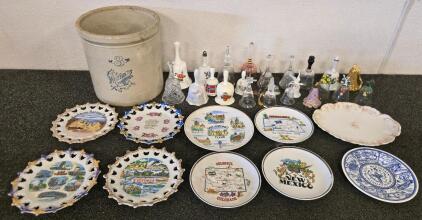 Western Stoneware 3-Gallon Crock, 10 Souvenir Plates, Decorative Bells &ndash; Collectible Lot
