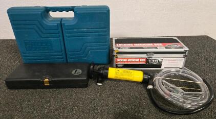 Vaultz Locking Medicine Box, Tool Source Tool Kit, Fluid Extractor, Outers Cleaning Kit Box