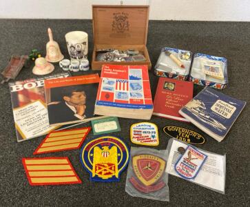 Large Vintage Collectibles Lot Military Patches, Books, Pinup Calendar, Cigar Box & More 1950s-1990s