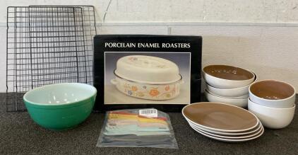 Porcelain Enamel Roaster, Set Of Ceramic Dishes, Pack Of 10 Knives, And (3) Cooling Racks