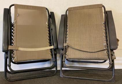 Pair of Zero Gravity Lounge Chairs &ndash; Brown/Tan, Powder-Coated Steel, Textilene Mesh, Adjustable Recline And Chrome Steel Stackable Banquet Chairs, Blue Fabric, 18" Seat Height, 500 lb Capacity, Set of 2