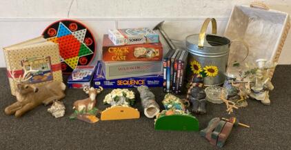 Board Games, DVDs, Animal Figurines, Home D&eacute;cor, Basket, Watering Can, Glass Bowl, Mixed Lot