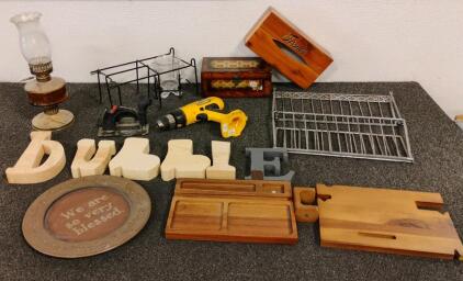DeWalt Cordless Drill, Black & Decker Planer, Oil Lamp, Decor, Wood Trays, Large Mixed Lot