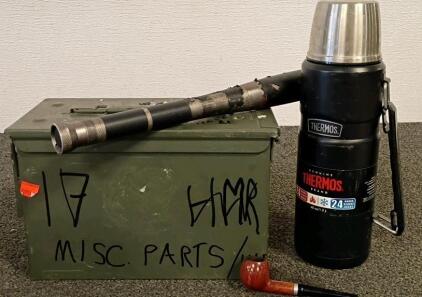 Military .50 Cal Ammo Box w/Thermos 40oz, Pipe, Long Tube Tool, "17 HMR MISC PARTS" Markings
