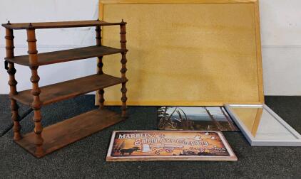 Mixed Lot: Wooden Display Shelf, Cork Bulletin Board, Mirror, Vintage Axe Sign, Jon Heck Photo
