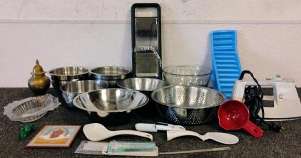 Assorted Kitchen Lot: 5 Stainless Steel Bowls, GE Iron, Colander, Utensils, Thermometer, More