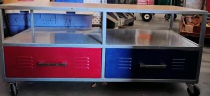 Rolling Heavy Duty Steel Storage Cart with Red & Blue Drawers, Wood Top, 48"x24"x24" on Casters