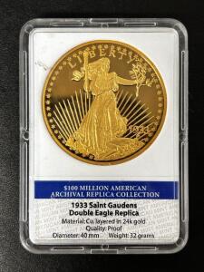 1933 Saint Gaudens Double Eagle Replica by American Mint, 24K Gold Layered, 40mm, Limited Edition