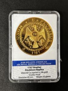 1787 Brasher Doubloon Replica Proof Coin, American Mint, 24k Gold Layered, 40mm, LE 9,000