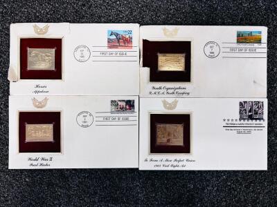 Set of 4 Gold Replica First Day Covers &ndash; Horses, WWII Pearl Harbor, YMCA, 1964 Civil Rights Act