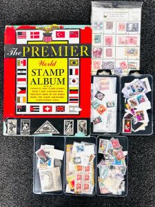 Premier World Stamp Album by Grossman, 1959, 600&ndash;1,000 Mixed US & Worldwide Stamps, Box, Mystic Sheet