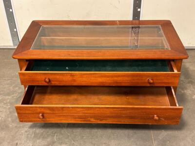 Wood Coffee Table W/ Glass Inset Top, 2 Storage Drawers, Approx. 44"x22"x18", Felt Lined