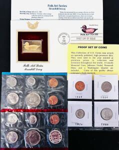 1977 U.S. Mint Uncirculated Coin Set, Proof Coins (1964, 1974, 1988), 1985 Folk Art Decoy FDC