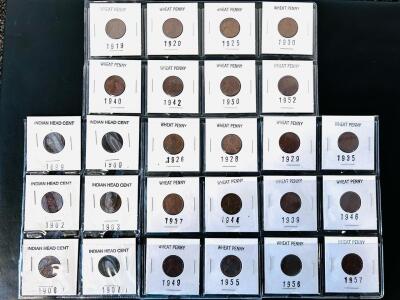 Collection of 26 U.S. Indian Head Cents and Wheat Pennies, 1899&ndash;1957, Each in 2x2 Holder