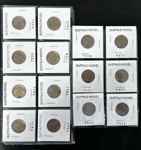 Buffalo Nickel Set &ndash; 12 Coins: 1918&ndash;1936, 5 Cent U.S. Collection, Copper-Nickel, Circulated
