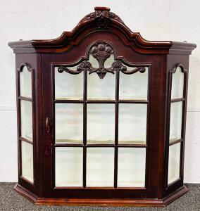 Wall-Mounted Glass Display Cabinet, Ornate Carved Top, 2 Shelves, Horn Pull, 26.5"x 25"