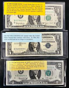 Scarce 1963 Barr Note, 1957 Silver Certificate, 1976 $2 Bicentennial Note - 3 Bill Collection