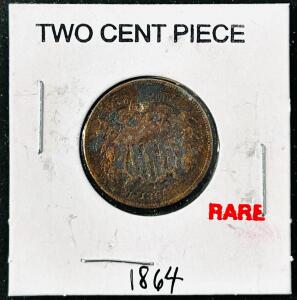 1864 Shield Two-Cent Piece, Bronze, 2&cent; U.S. Coin, First Year Issue, Civil War Era