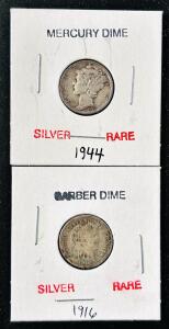 1944 Mercury Dime & 1916 Barber Dime &ndash; 90% Silver Historic U.S. Coins WWII & Last Year Type