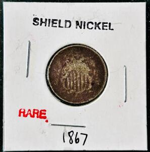 1867 Shield Nickel 5 Cent Coin, United States, Copper-Nickel, Plain Edge, James B. Longacre